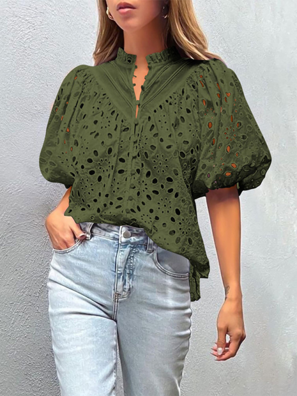 Deanna Women's New Style Puff Sleeve Embroidered Shirt