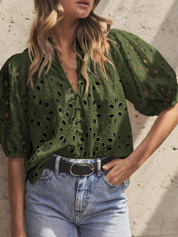 Deanna Women's New Style Puff Sleeve Embroidered Shirt