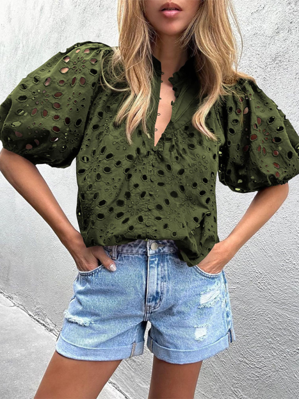Deanna Women's New Style Puff Sleeve Embroidered Shirt