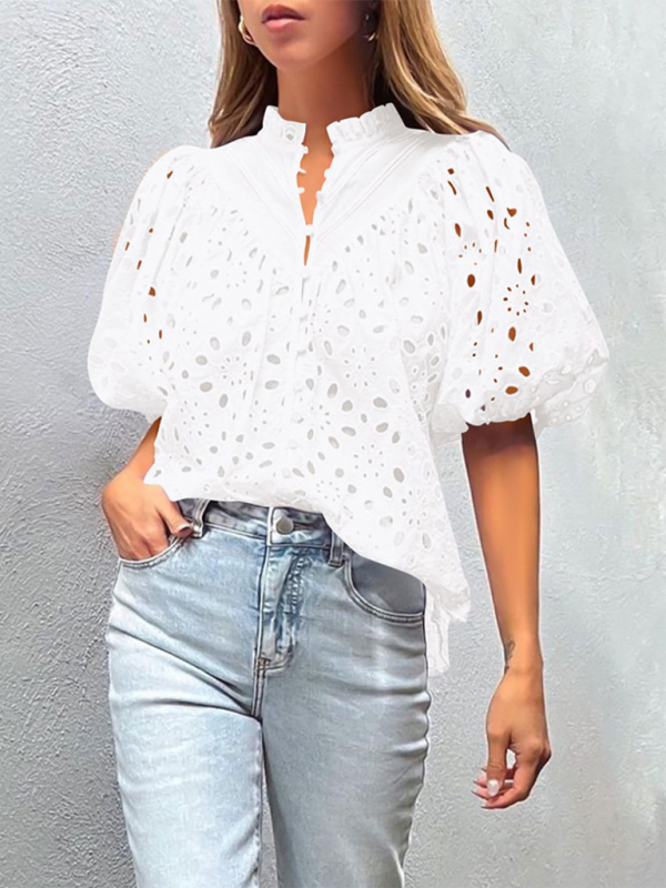 Deanna Women's New Style Puff Sleeve Embroidered Shirt