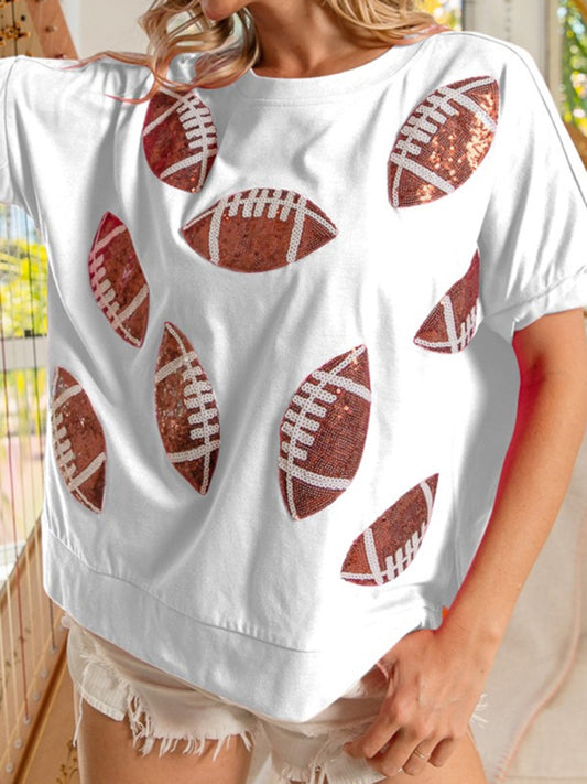 Kaitlyn Casual Summer Sequined Rugby Round Neck Pullover T-Shirt Short Sleeve Top