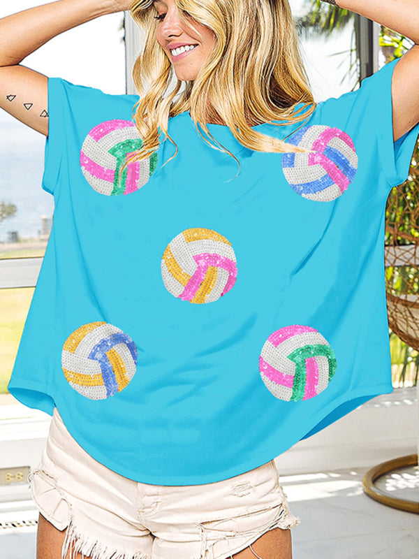 Catherine New Color Ball Sequin Embroidery Pullover Round Neck Short-Sleeved T-Shirt Top