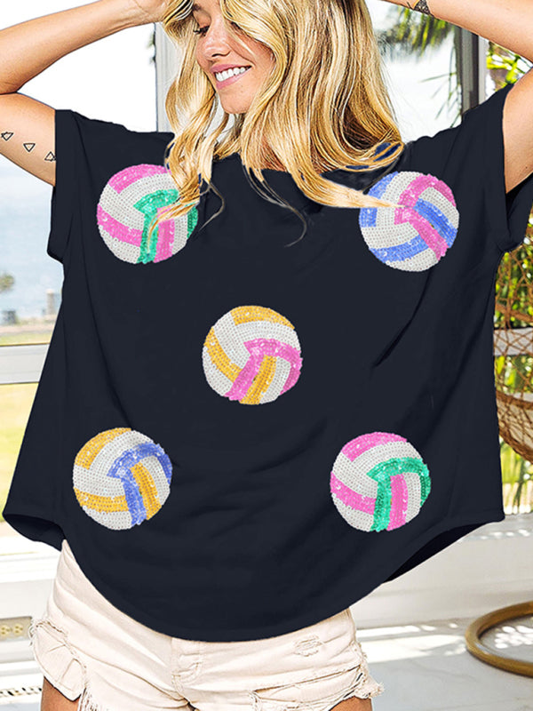 Catherine New Color Ball Sequin Embroidery Pullover Round Neck Short-Sleeved T-Shirt Top