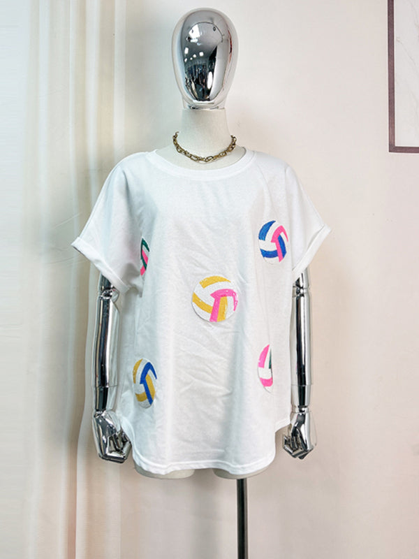 Catherine New Color Ball Sequin Embroidery Pullover Round Neck Short-Sleeved T-Shirt Top