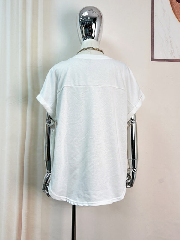 Catherine New Color Ball Sequin Embroidery Pullover Round Neck Short-Sleeved T-Shirt Top