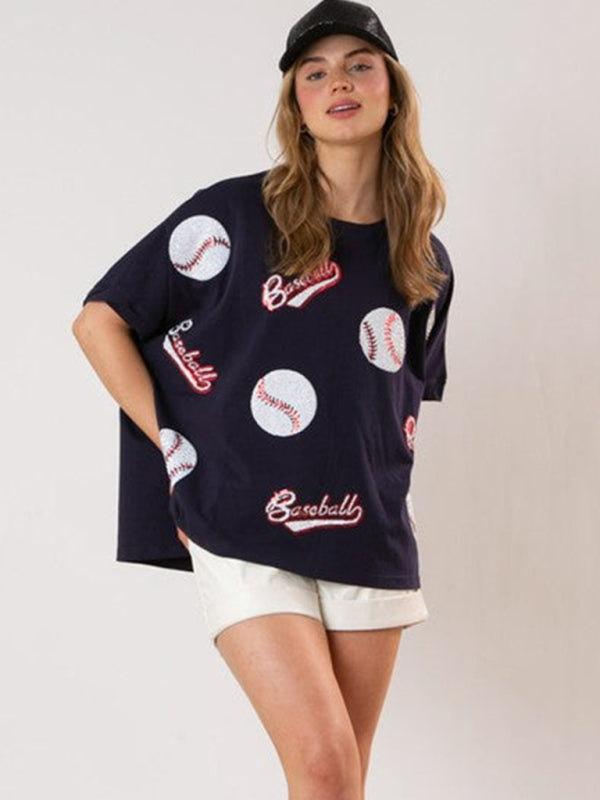 Leah New English Letters Sequin Embroidered Knitted Pullover Short-Sleeved Top