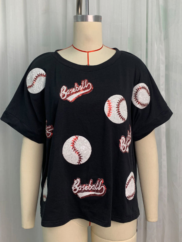 Leah New English Letters Sequin Embroidered Knitted Pullover Short-Sleeved Top
