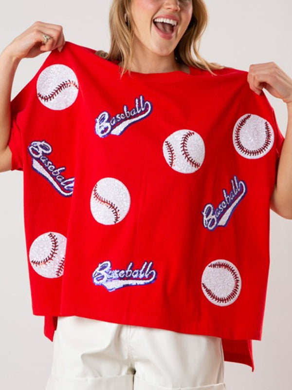 Leah New English Letters Sequin Embroidered Knitted Pullover Short-Sleeved Top