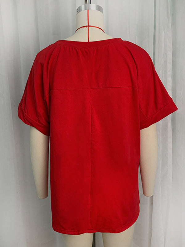 Leah New English Letters Sequin Embroidered Knitted Pullover Short-Sleeved Top