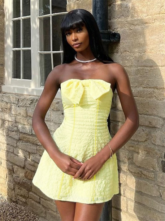 Amaya New Fashionable Solid Color Bow Tube Top Sexy Slim Short Dress