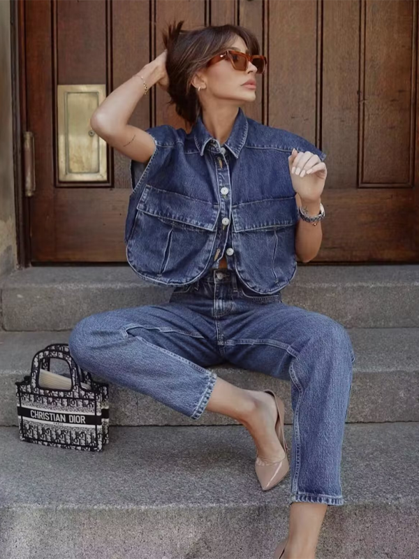 Artemis Women's Solid Color Big Pocket Sleeveless Lapel Shirt Denim Top