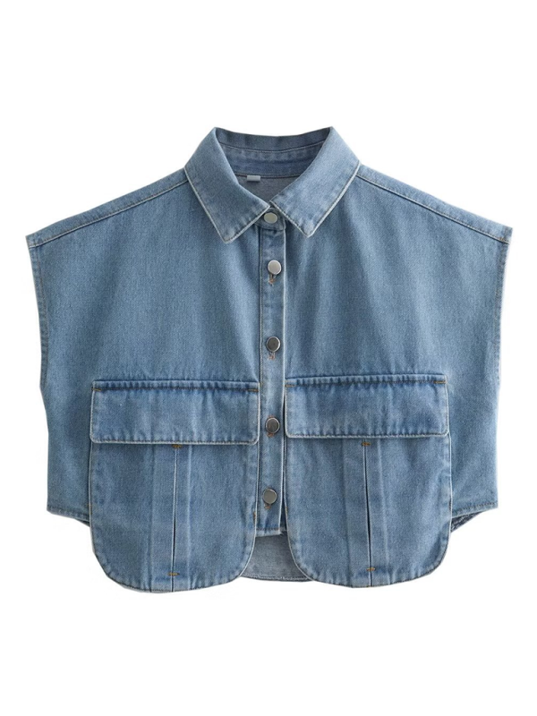 Artemis Women's Solid Color Big Pocket Sleeveless Lapel Shirt Denim Top
