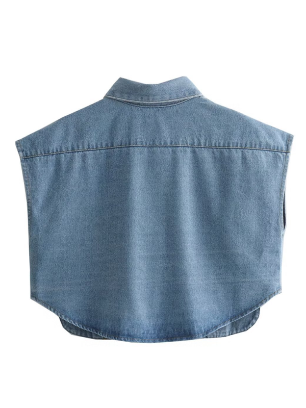 Artemis Women's Solid Color Big Pocket Sleeveless Lapel Shirt Denim Top