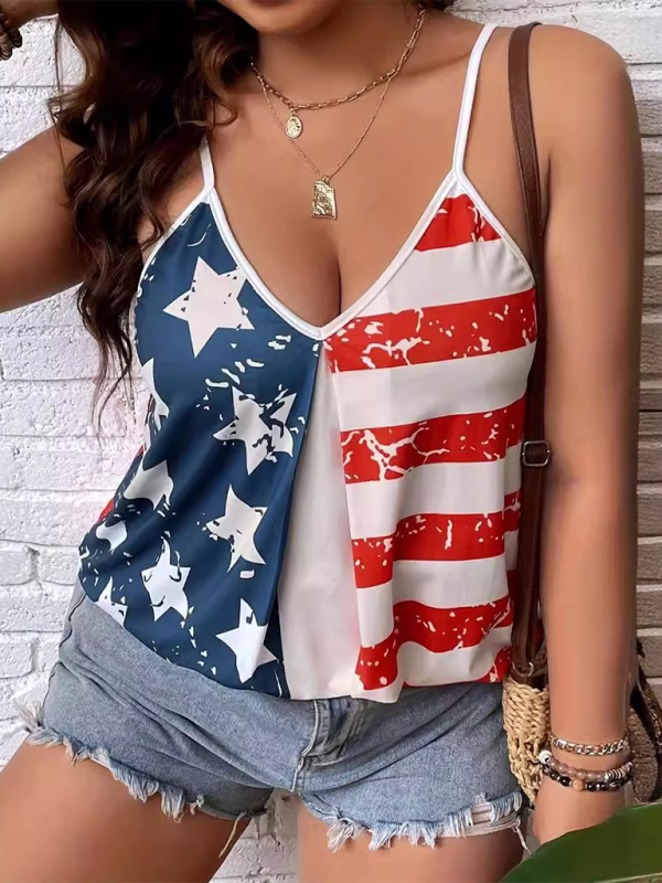 Delaney American Independence Day Flag Digital Print Off-The-Shoulder Tank Top