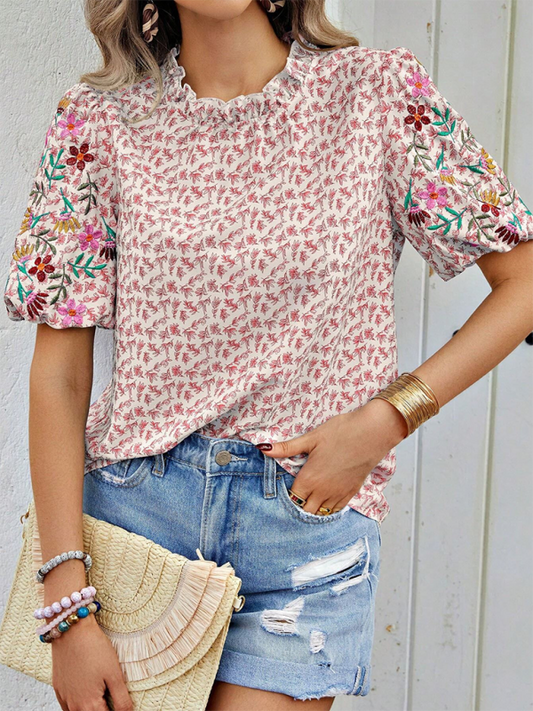 Evalina New Embroidered Printed Buckled Wave High Neck Short Colorblock Top