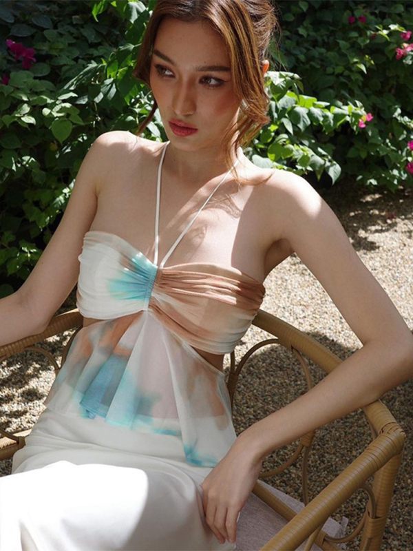 Meliora Women's New Color Matching Pleated Fashion Print Halter Neck Tube Top