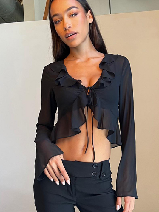 Davina New Style Ruffled Lace-Up Deep V-Neck Long-Sleeved Transparent Top