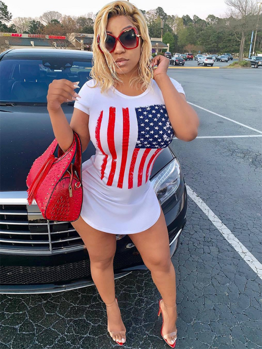 Donna Fashion Round Neck Slim Fit American Flag Short Sleeve Top