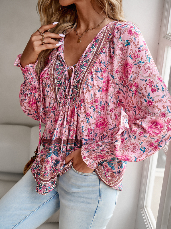 Louella New Casual Printed V-Neck Long-Sleeved Top