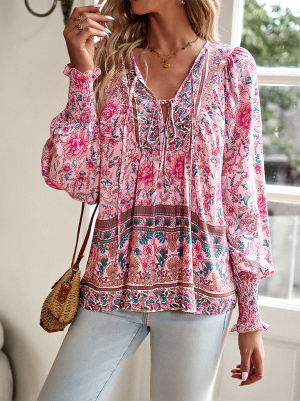 Louella New Casual Printed V-Neck Long-Sleeved Top