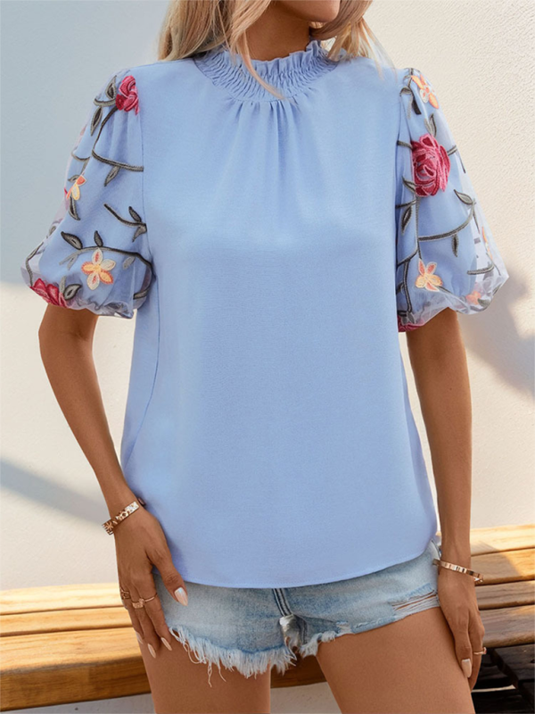 Serilda New Embroidered Mesh Splicing Short-Sleeved Shirt With Stand-Up Collar And Elegant Shirt