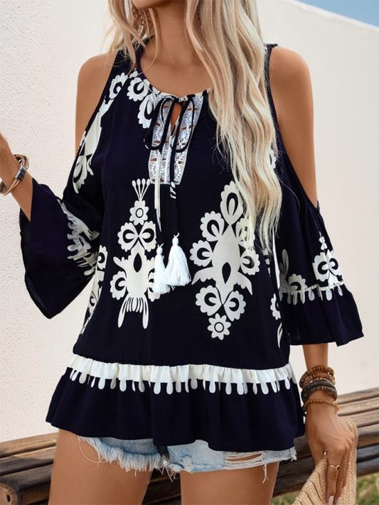 Sevyn New Retro Comfortable Cold Shoulder Shirt Lace-Up Tassel Shirt