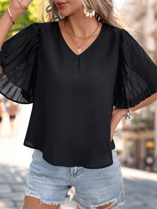 Lystra Women's Solid Color Pleated Short Sleeve Shirt