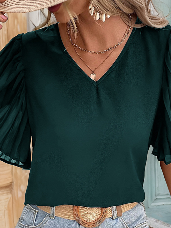 Lystra Women's Solid Color Pleated Short Sleeve Shirt
