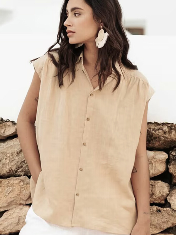 Lulee New Cotton And Linen Simple Casual Sleeveless Solid Color Shirt Tops