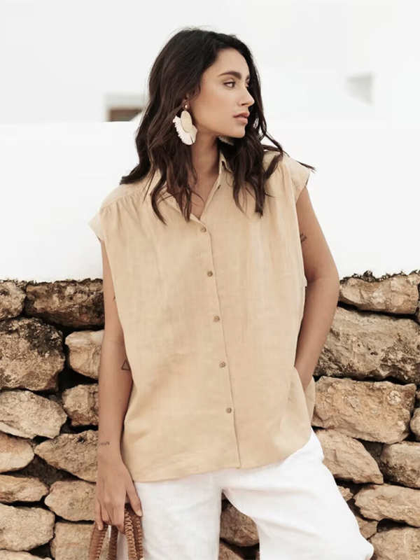 Lulee New Cotton And Linen Simple Casual Sleeveless Solid Color Shirt Tops