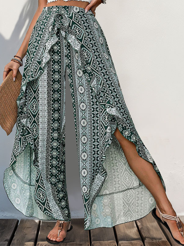 Nadia New Arrival Printed Ruffled Wide-leg Trousers With Slits