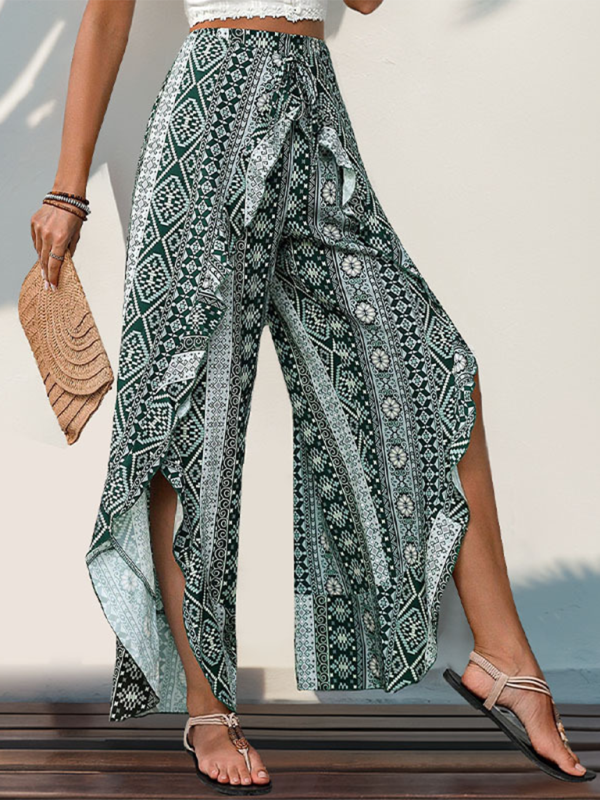 Nadia New Arrival Printed Ruffled Wide-leg Trousers With Slits