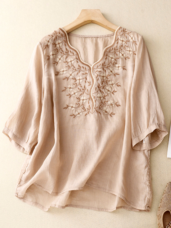 Latrice Vintage V-Neck Embroidered T-Shirt Top