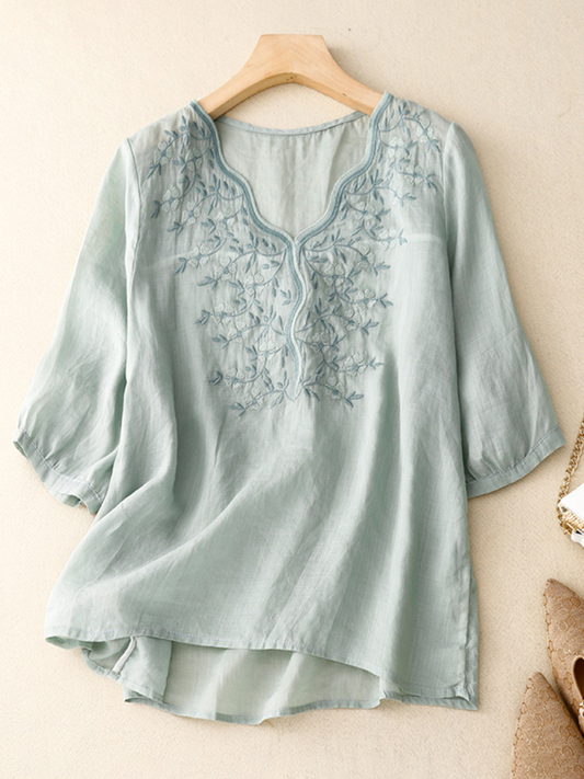 Latrice Vintage V-Neck Embroidered T-Shirt Top