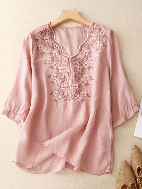 Latrice Vintage V-Neck Embroidered T-Shirt Top