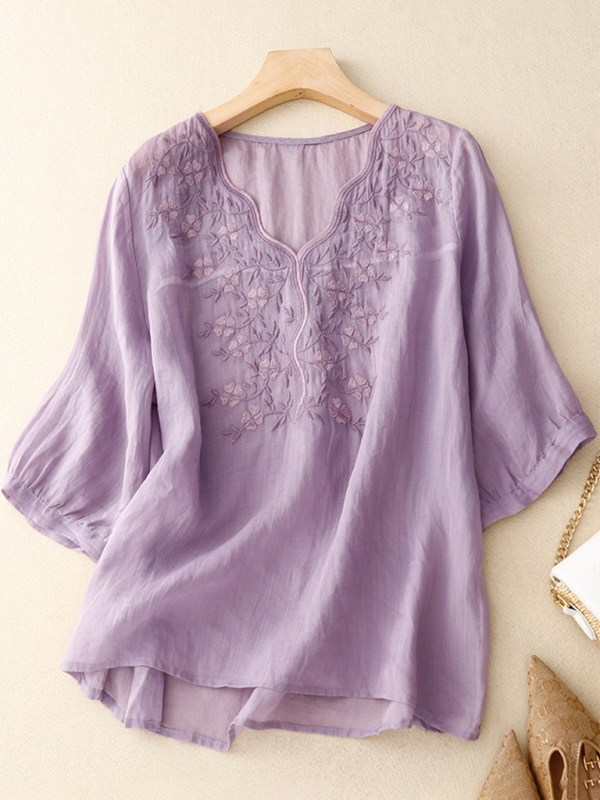 Latrice Vintage V-Neck Embroidered T-Shirt Top