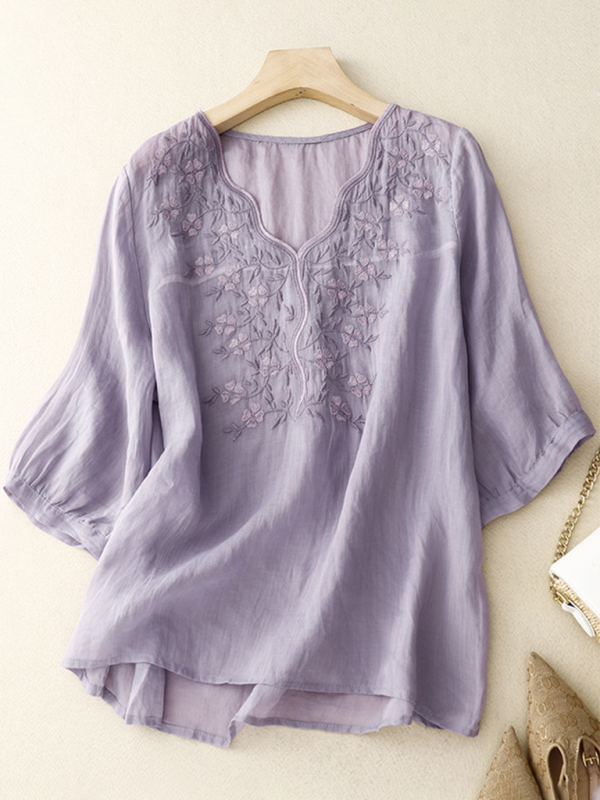Latrice Vintage V-Neck Embroidered T-Shirt Top