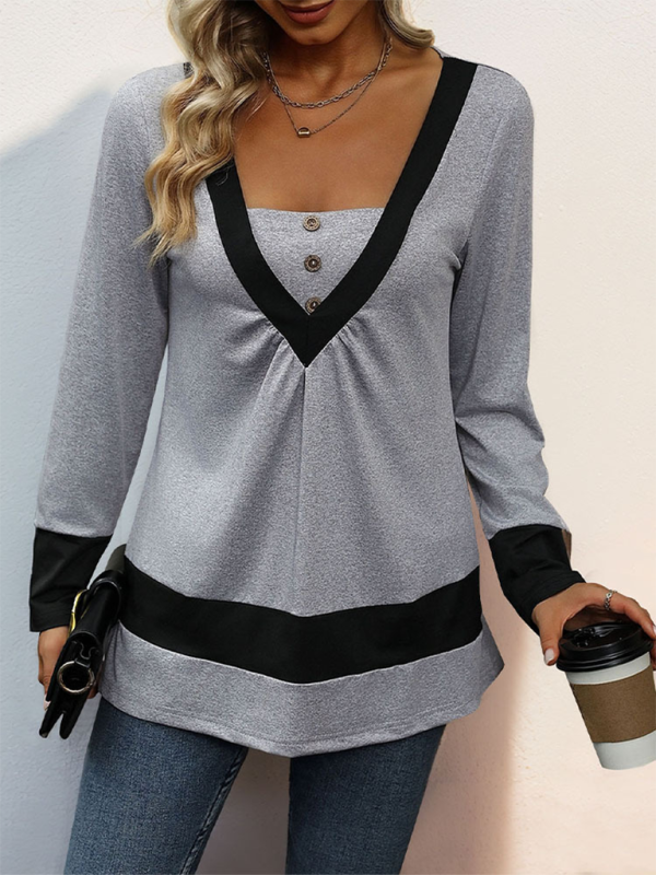 Flora New Simple Solid Color Long-Sleeved T-Shirt Color Matching Contrast Casual Home Tops