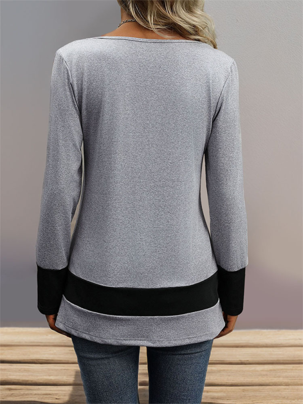 Flora New Simple Solid Color Long-Sleeved T-Shirt Color Matching Contrast Casual Home Tops