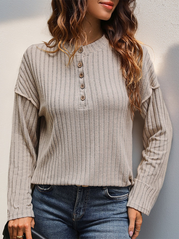 Faye New Button Round Neck Ribbed Simple Casual Ladies T-Shirt Top