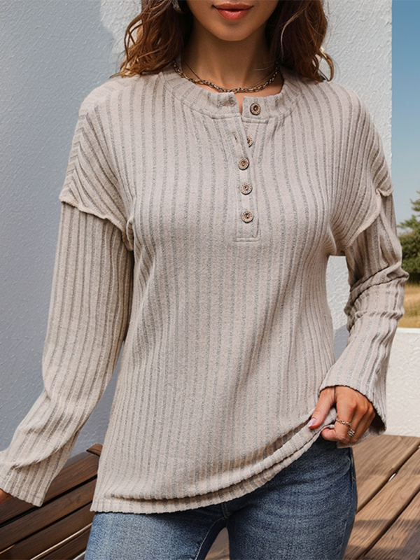 Faye New Button Round Neck Ribbed Simple Casual Ladies T-Shirt Top