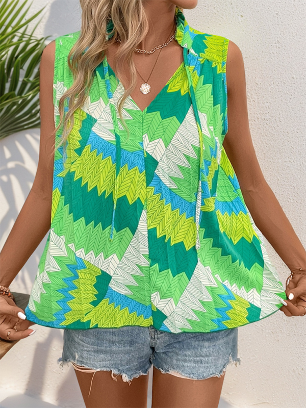 Bellatrix Women's Casual Green Lace-Up Plant Print Sleeveless Shirt