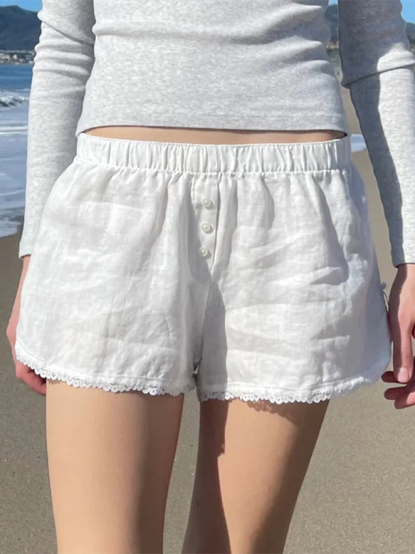 Astrid Holiday Style Buttoned Solid Color Elastic Waist Loose Versatile Stitching Lace Casual Shorts