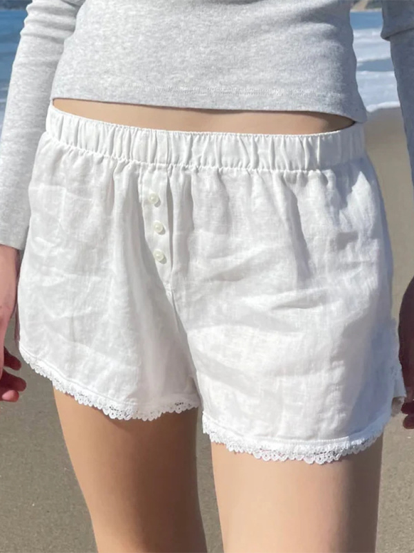 Astrid Holiday Style Buttoned Solid Color Elastic Waist Loose Versatile Stitching Lace Casual Shorts