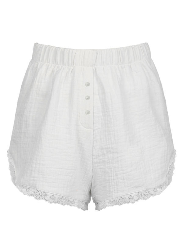Astrid Holiday Style Buttoned Solid Color Elastic Waist Loose Versatile Stitching Lace Casual Shorts