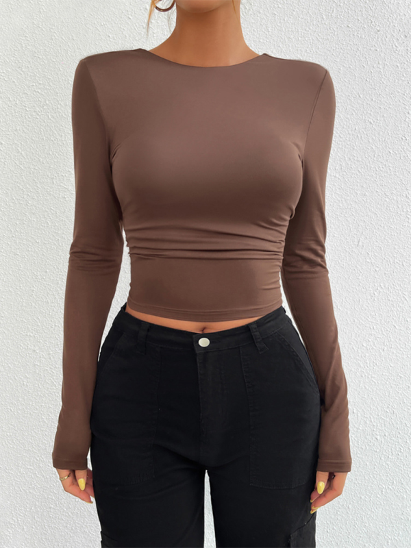 Iliana Slim Fit Open Back Crew Neck Knit Long Sleeve Top