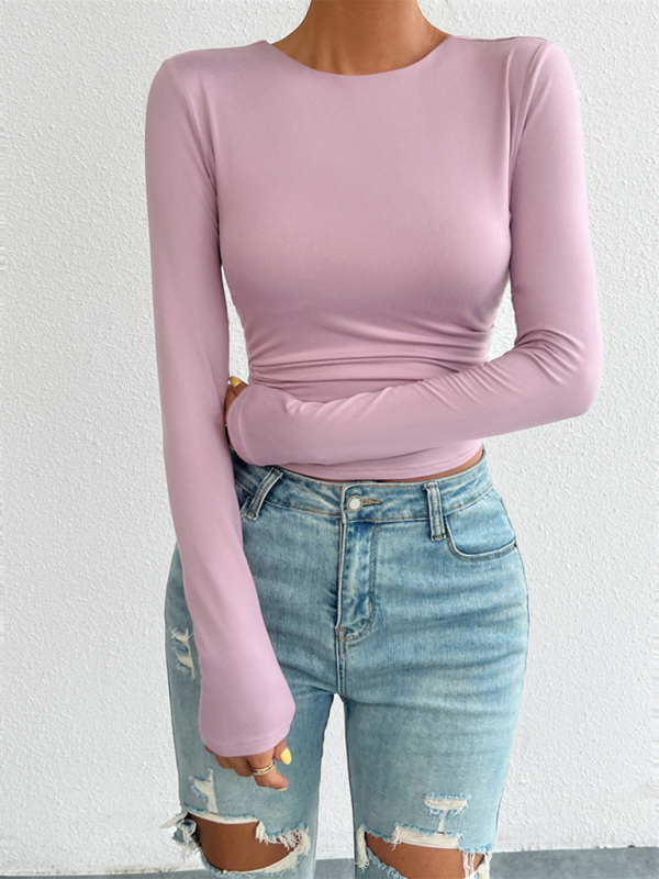 Iliana Slim Fit Open Back Crew Neck Knit Long Sleeve Top