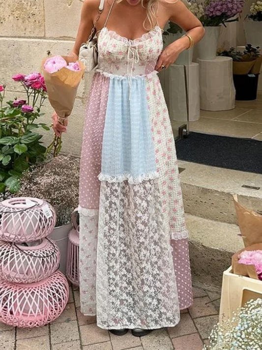 Juliet New Fashion Sleeveless Sweet Halter Neck Floral Splicing Holiday Dress