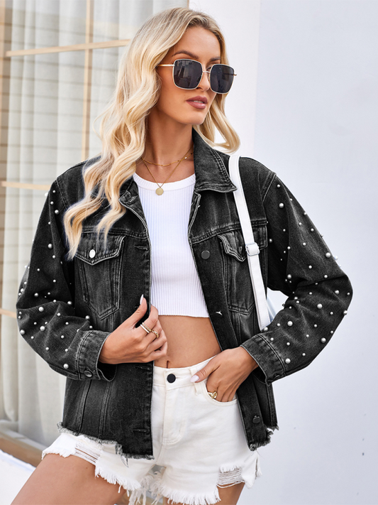 Lilly Washed Beaded Long Sleeve Casual Denim Jacket Top