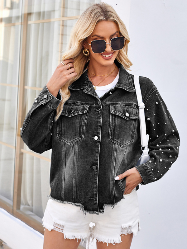 Lilly Washed Beaded Long Sleeve Casual Denim Jacket Top